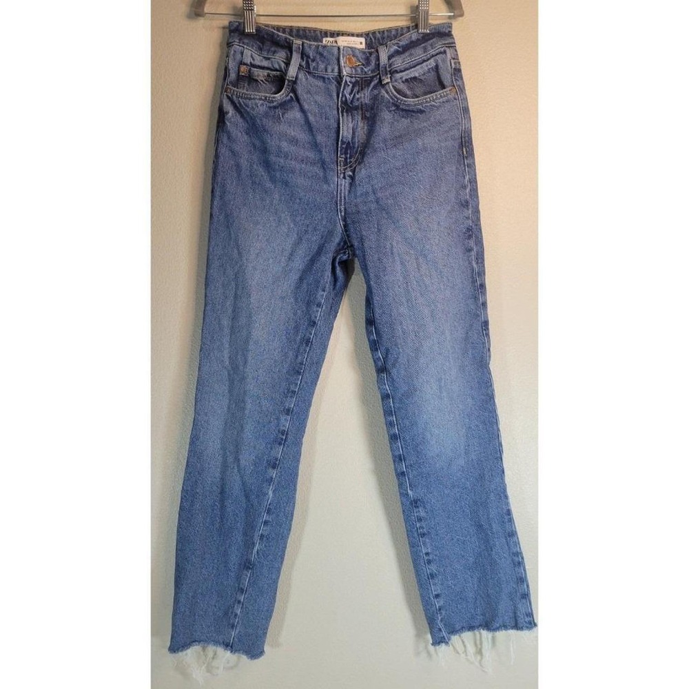 Zara High Rise Medium Wash Straight 90s Raw Hem Jeans Women's Size 4